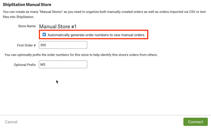 Configuración manual de la tienda con un contorno alrededor de la opción "Generar automáticamente el número de pedido", que está habilitada.