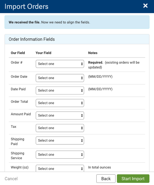 CSV Import Orders pop-up. Shows fields as described ahead. Action Buttons: Back, & Start Import.