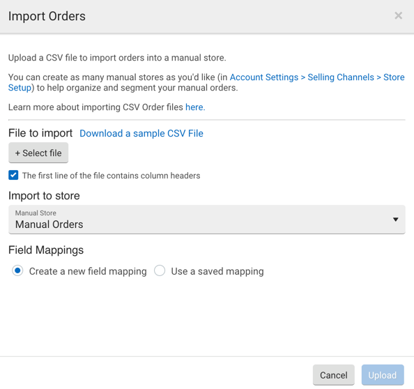 ShipStation's Import Order CSV pop-up screen where you add your CSV file and select the store to import to.