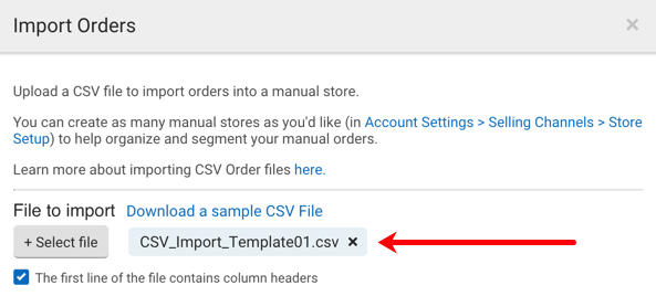 Primer plano de la ventana emergente Importación CSV. La flecha roja apunta al archivo CSV que el usuario seleccionó para importar.