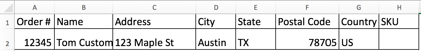 Order CSV file in Excel with order information filled in, including order number, customer name, and address.