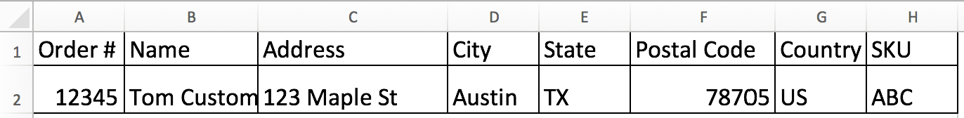 Order CSV file in Excel with information filled in columns, including order number, customer name, address, and product SKU.