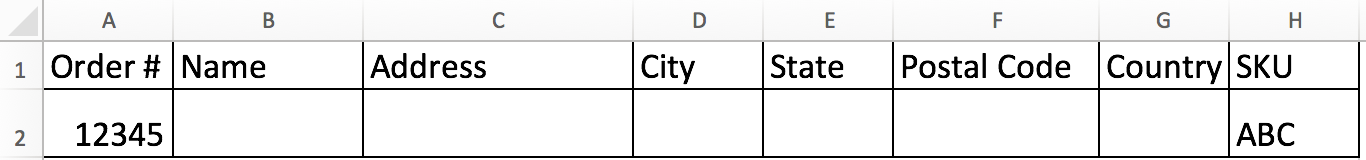 Un archivo CSV del pedido en Excel con la información del pedido completada para el número de pedido y las columnas de SKU.