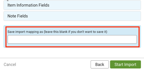 Close-up of CSV Import pop-up. Red box highlights field & message reads, "Save import mapping as (leave blank if you don't want to save it)