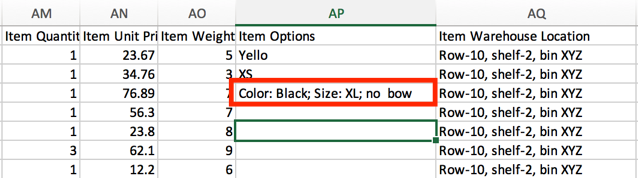 CSV de importación de pedidos con la columna Opciones de artículo que muestra un ejemplo de par clave:valor. "Color: Negro; Talla: XL; sin lazo"