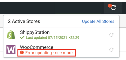 Error updating warning highlighted in Update Stores menu on Order grid